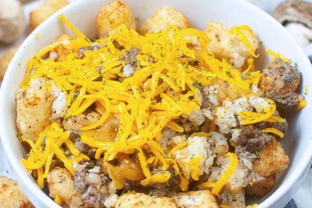 A bowl of Air Fryer Tater Tot Casserole.
