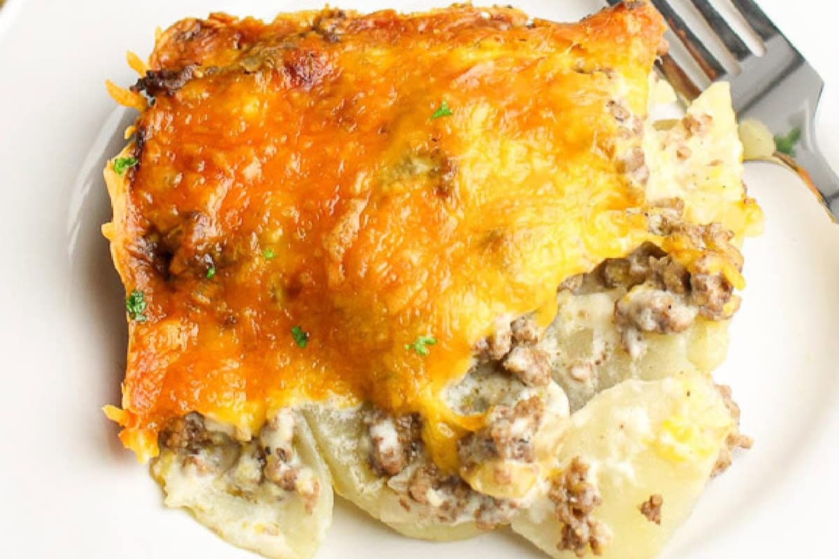 A plate of Cheesy Hamburger Potato Casserole.