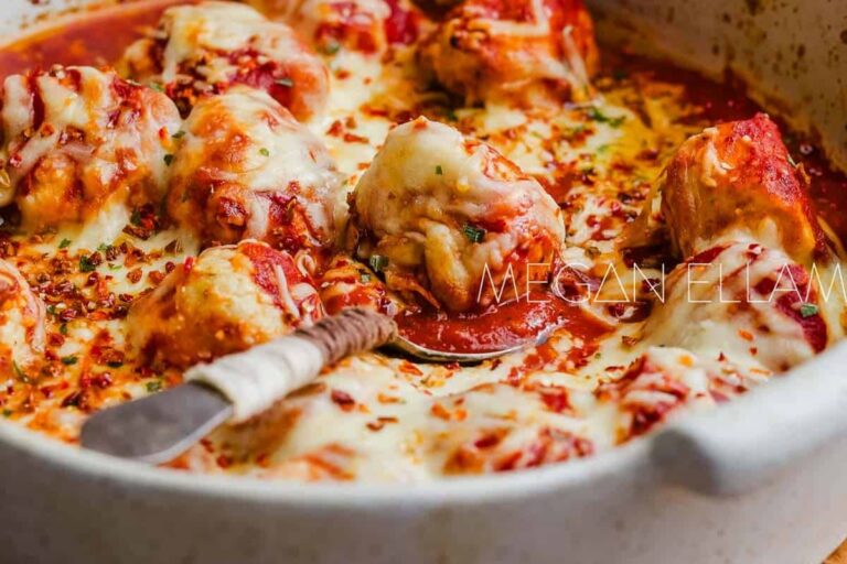 A dish of Chicken Parm Meatballs.