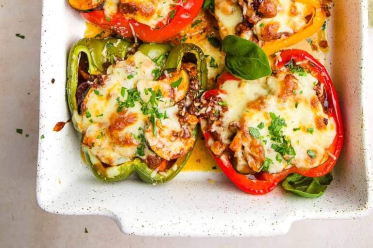 A dish of Easy Italian Stuffed Bell Peppers.