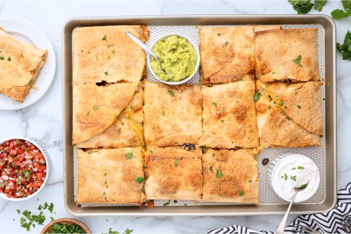 A dish of Chicken Sheet Pan Quesadillas.
