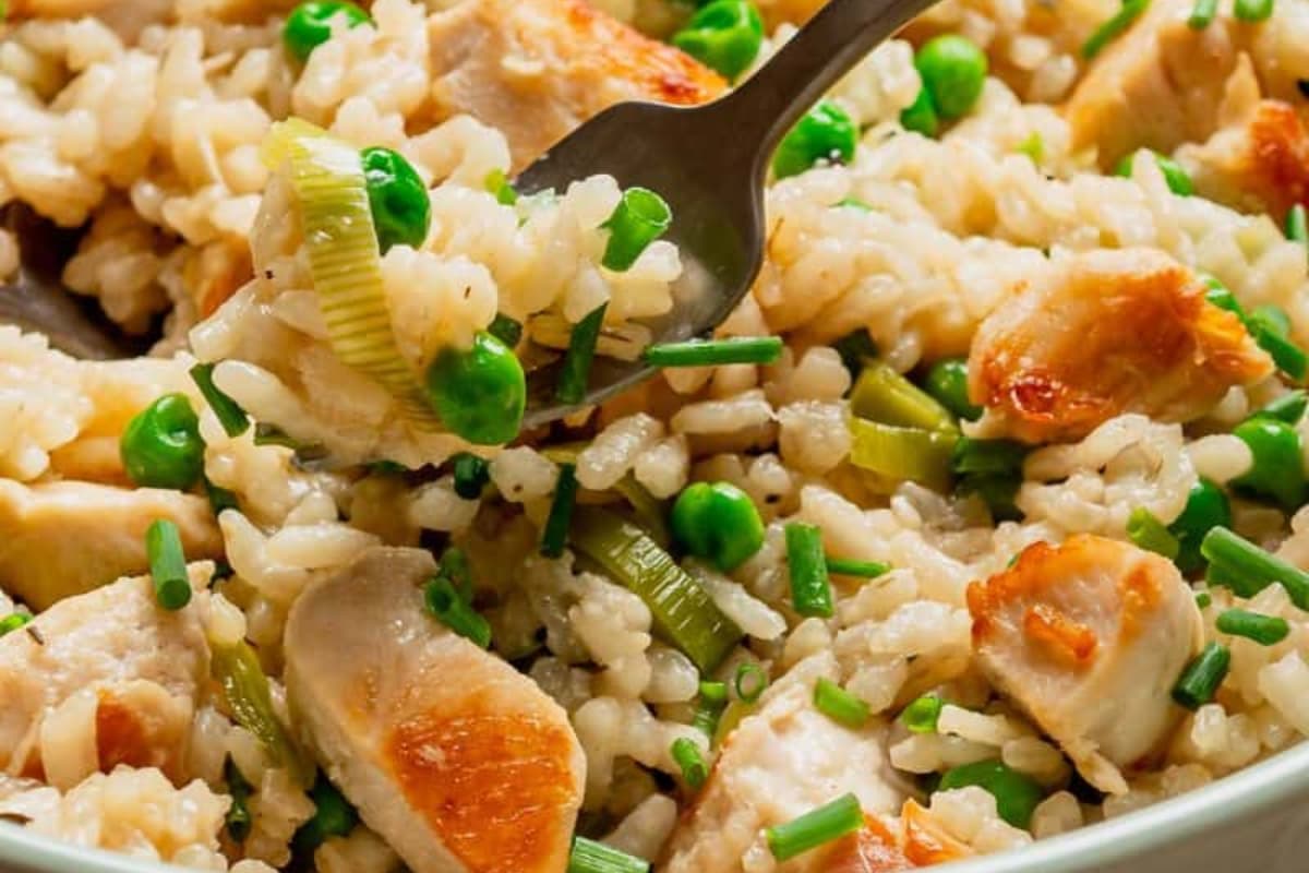 A bowl of Easy Chicken and Leek Risotto.