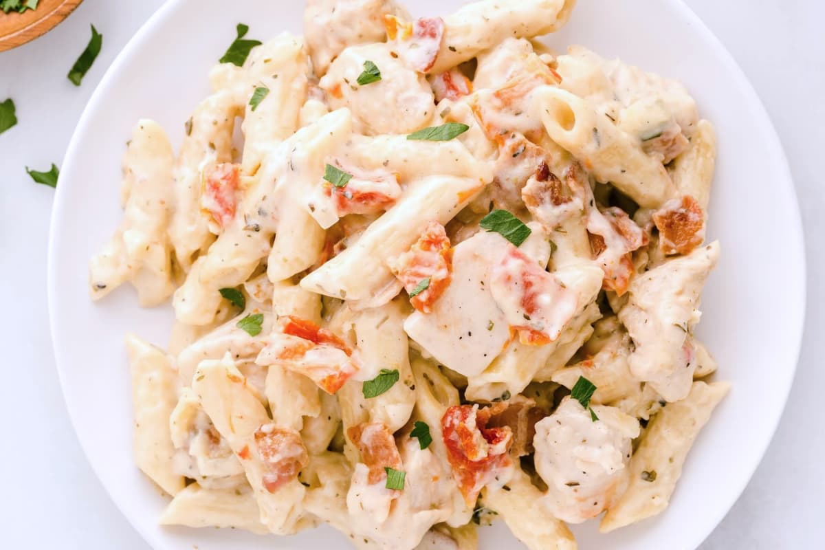 A plate of Chicken Bacon Ranch Casserole.