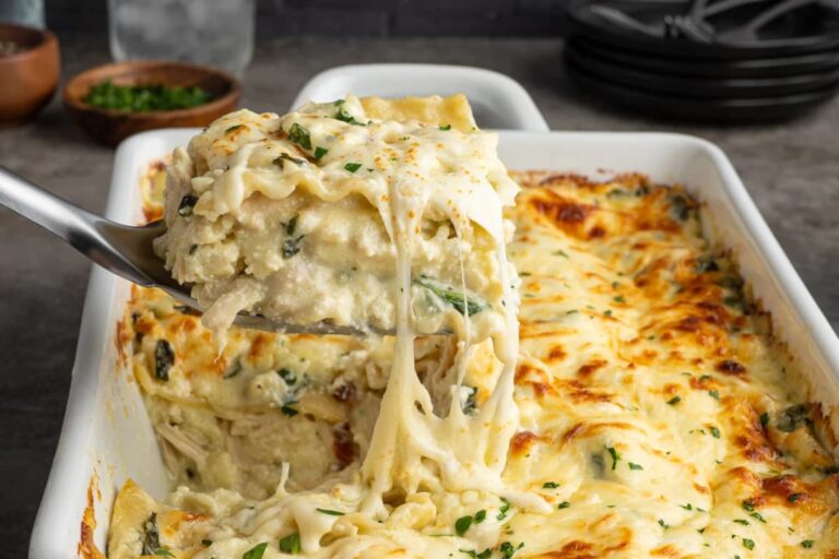 A dish of White Chicken Lasagna.