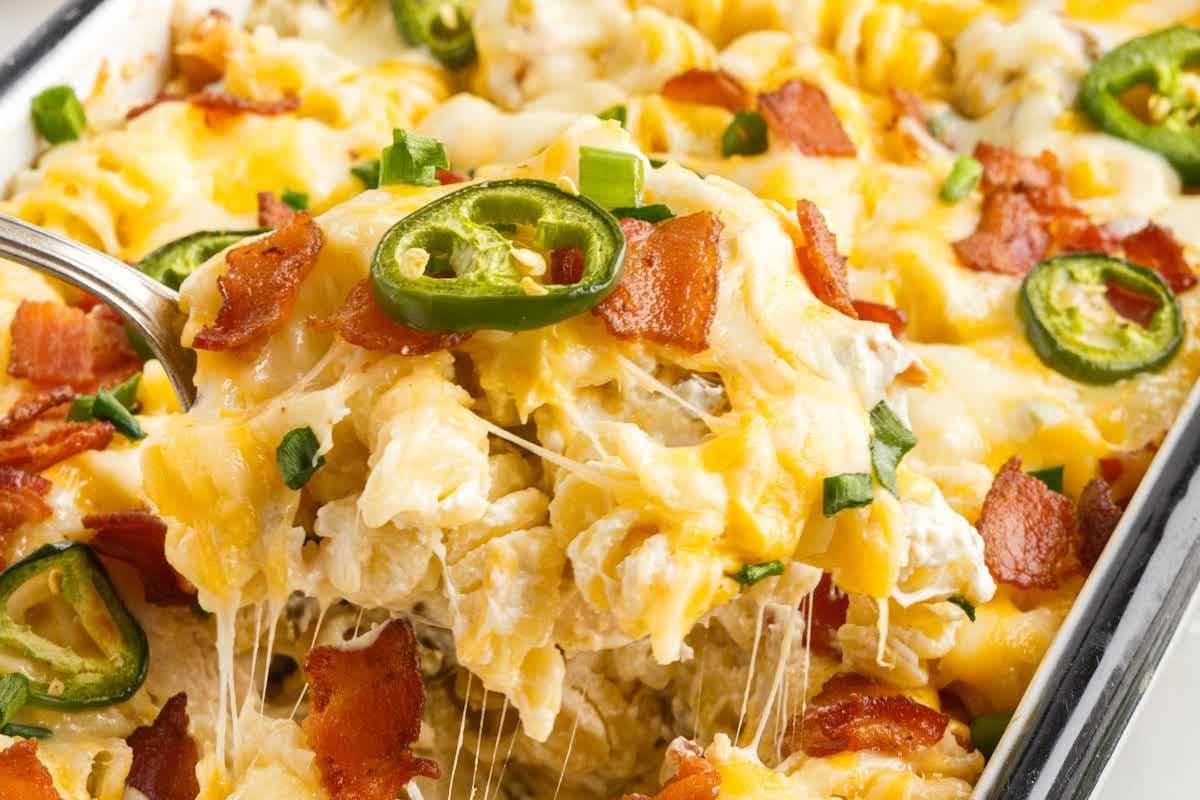A dish of Jalapeño Popper Chicken Pasta Casserole.