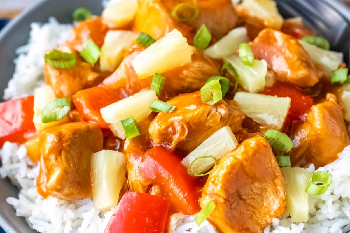 A bowl of Instant Pot Hawaiian Chicken.