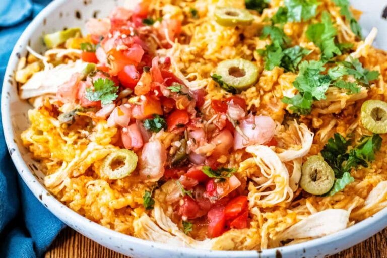 A dish of Instant Pot Cuban Chicken and Rice.