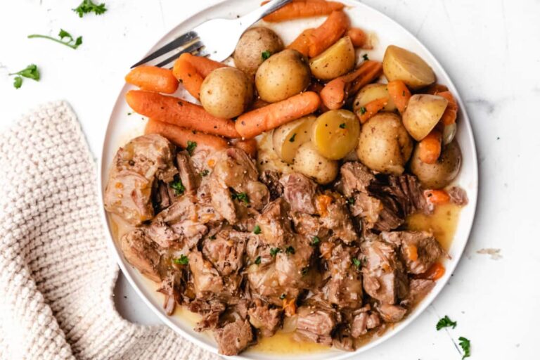 A plate of instant pot ranch beef tips.