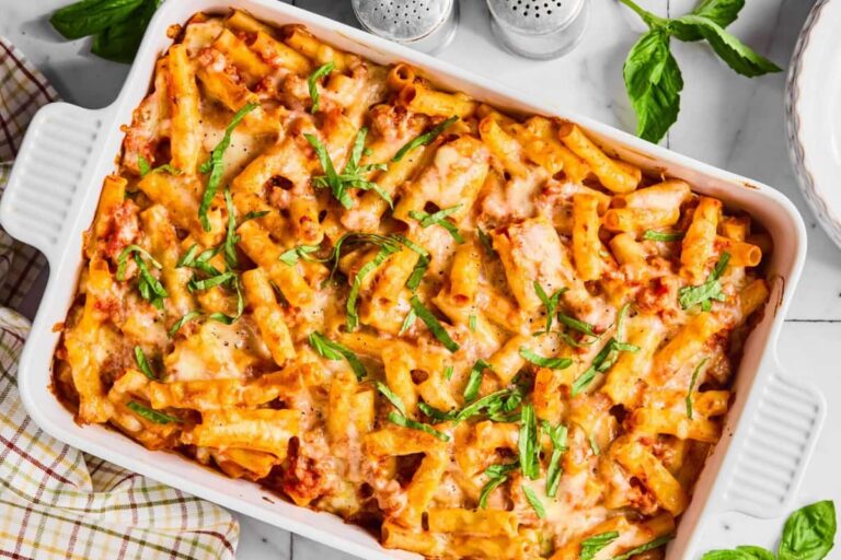 A dish of Cottage Cheese Baked Ziti.