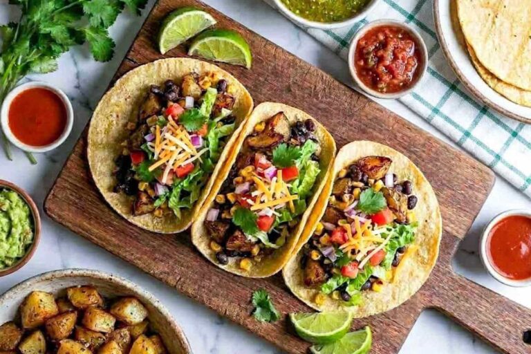 A plate of Potato and Black Bean Tacos.