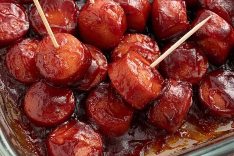 A plate of BBQ Sausage Bites.