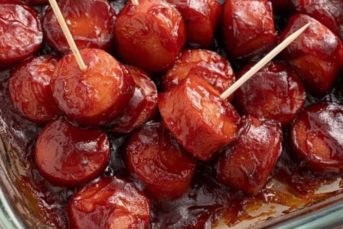 A plate of BBQ Sausage Bites.