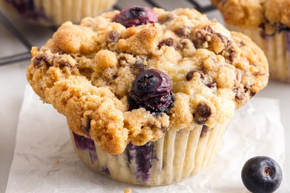 A plate of Blueberry Chocolate Chip Muffins.