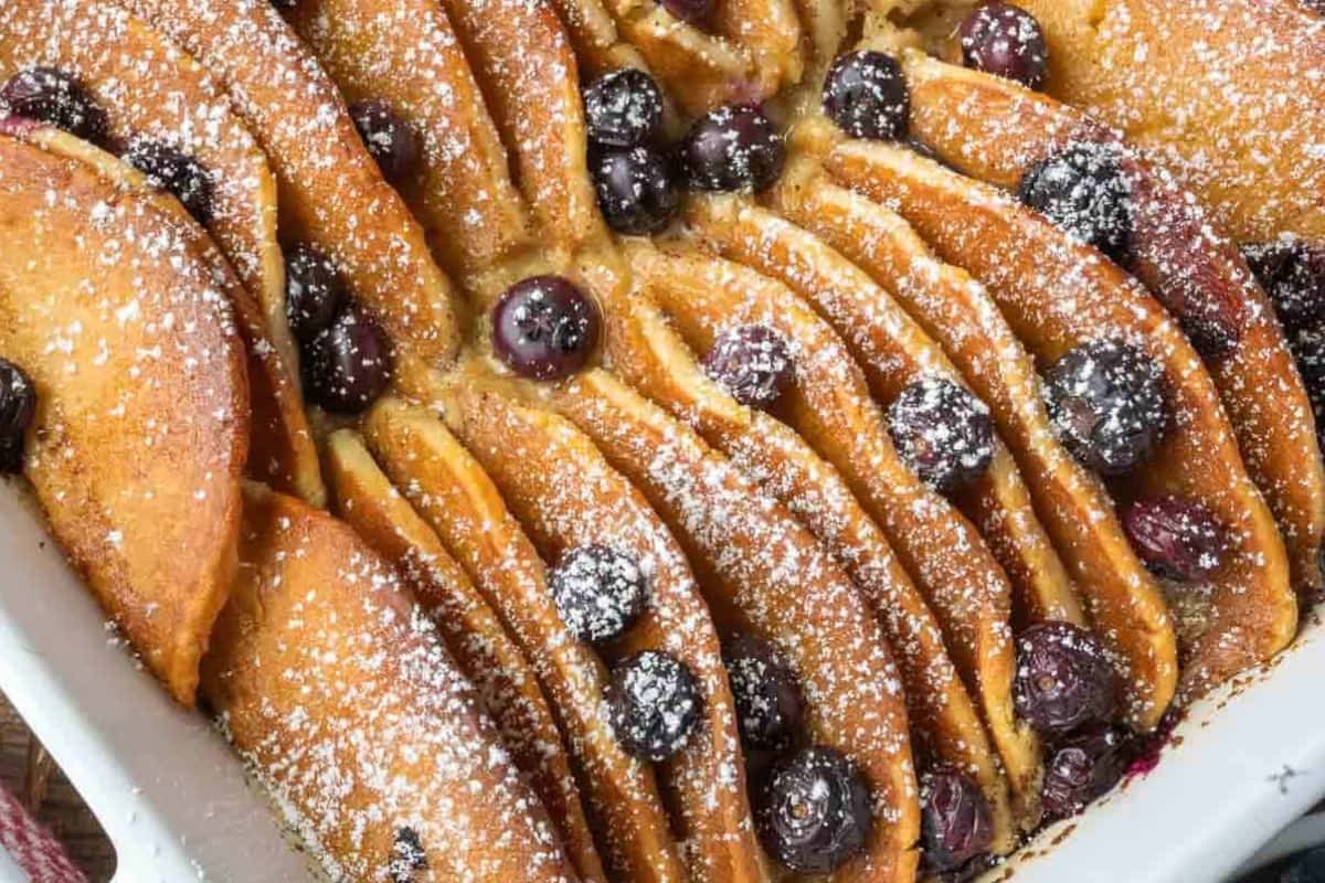 A dish of Blueberry Pancake Casserole.