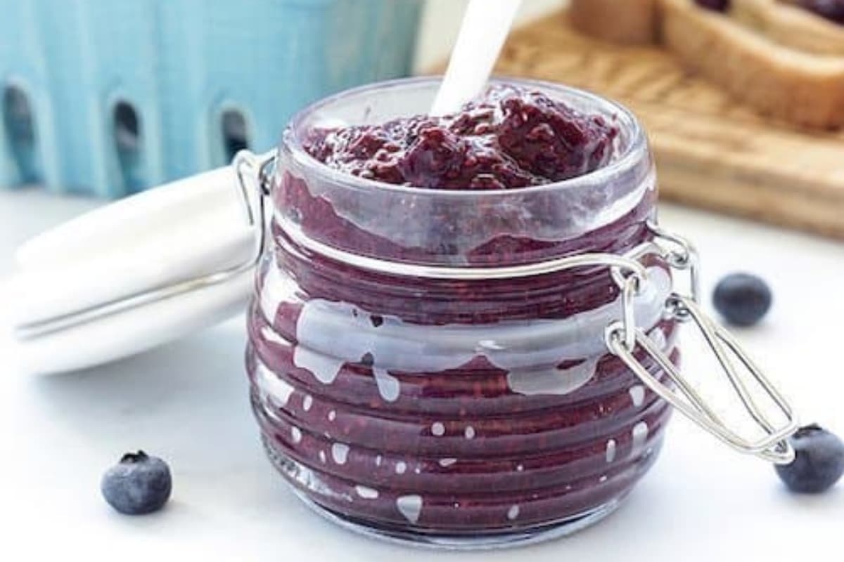 A jar of Blueberry Rhubarb Chia Jam.