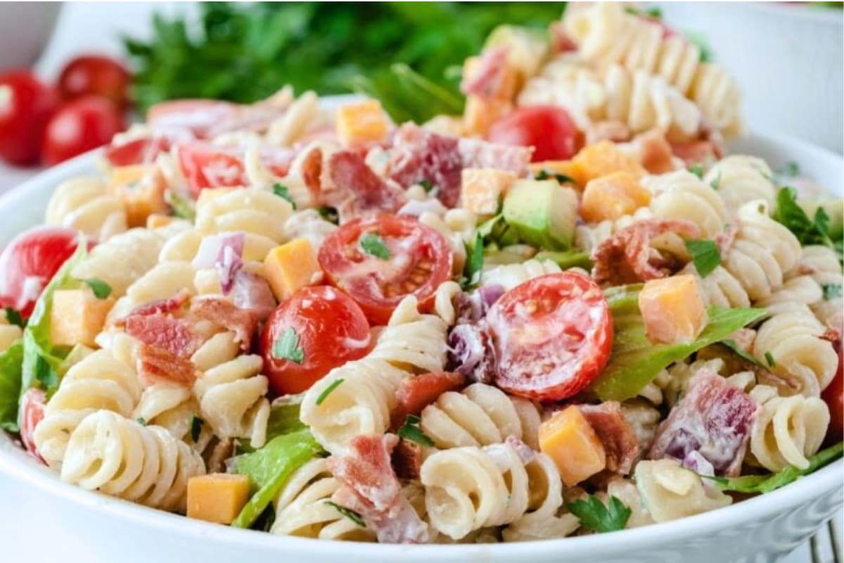 A bowl of BLT Pasta Salad.