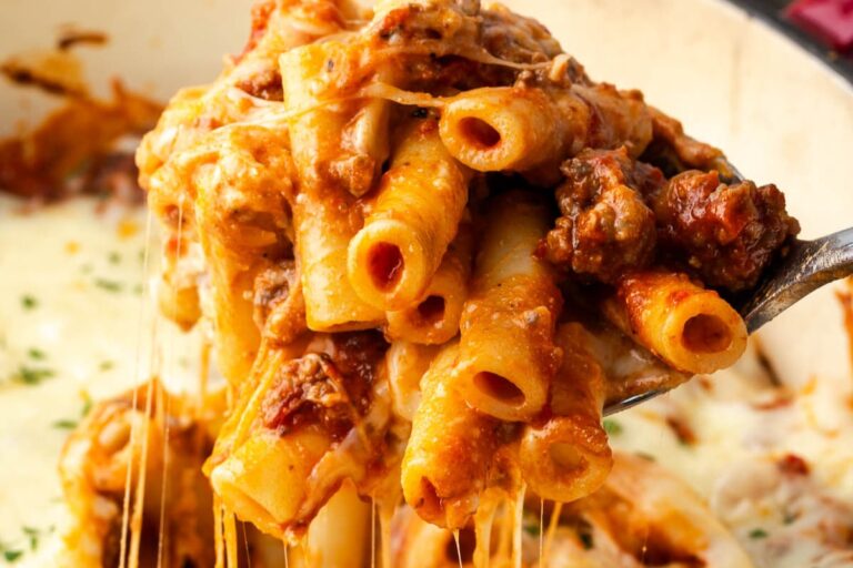 A dish of Baked Ziti with Meat Sauce.