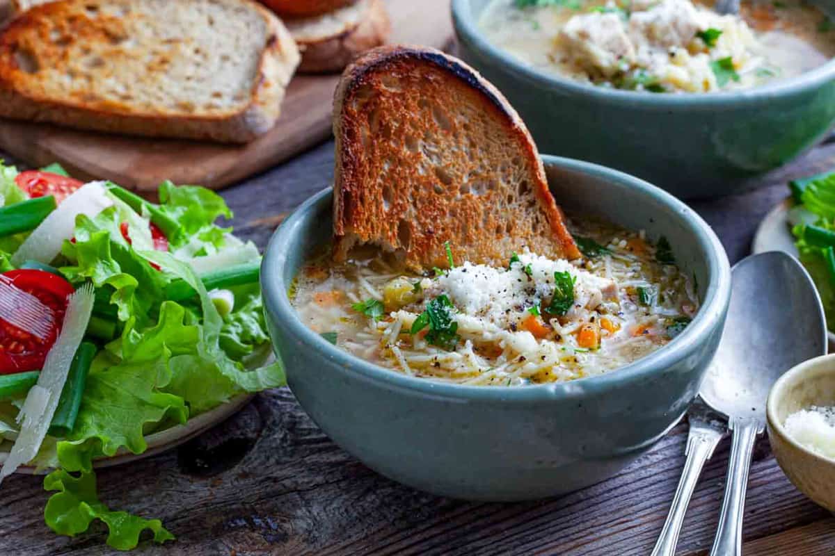 A bowl of San Marino Chicken Fideo Soup.