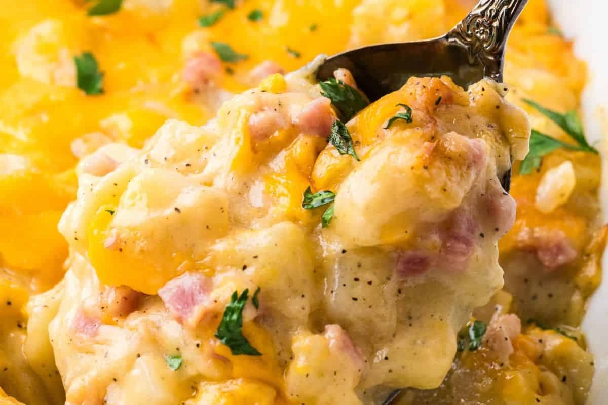 A dish of Cheesy Ham and Potato Casserole.