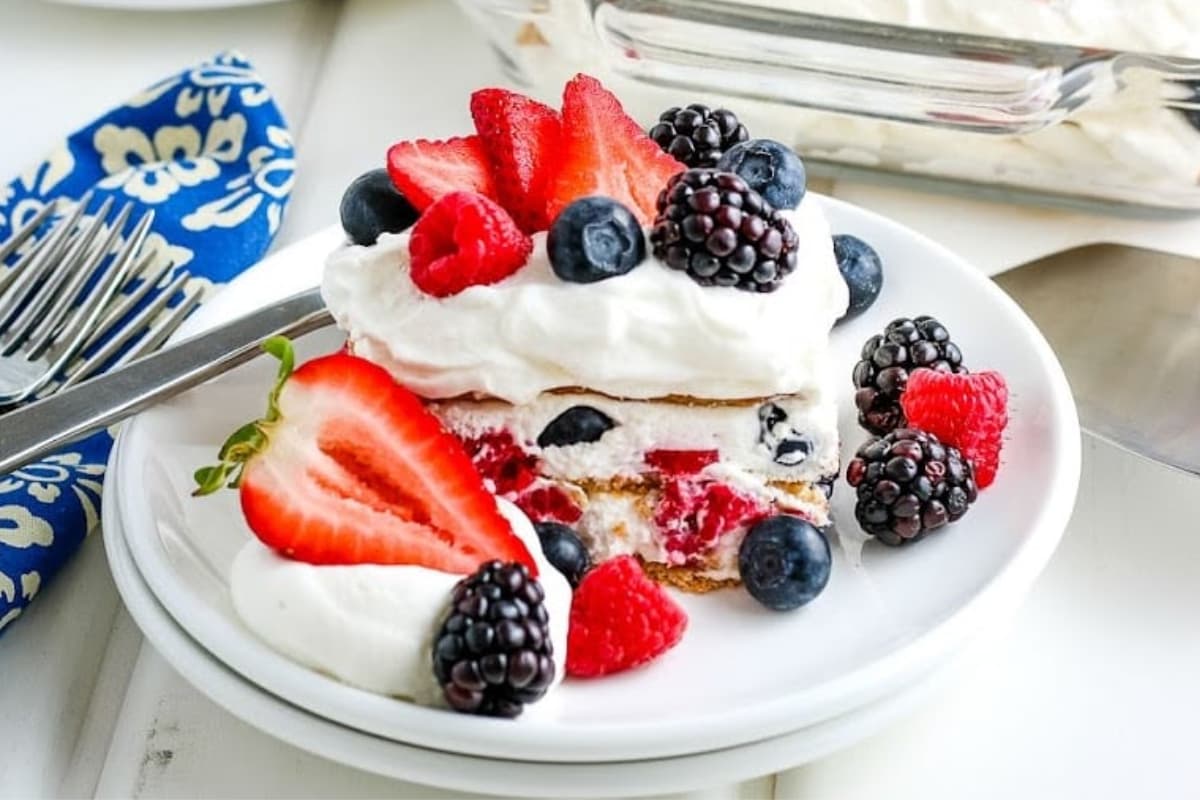 A plate of Old Fashioned Summer Berry Icebox Cake.