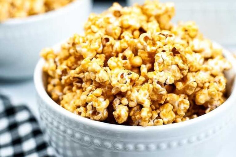 A bowl of Homemade Caramel Popcorn.