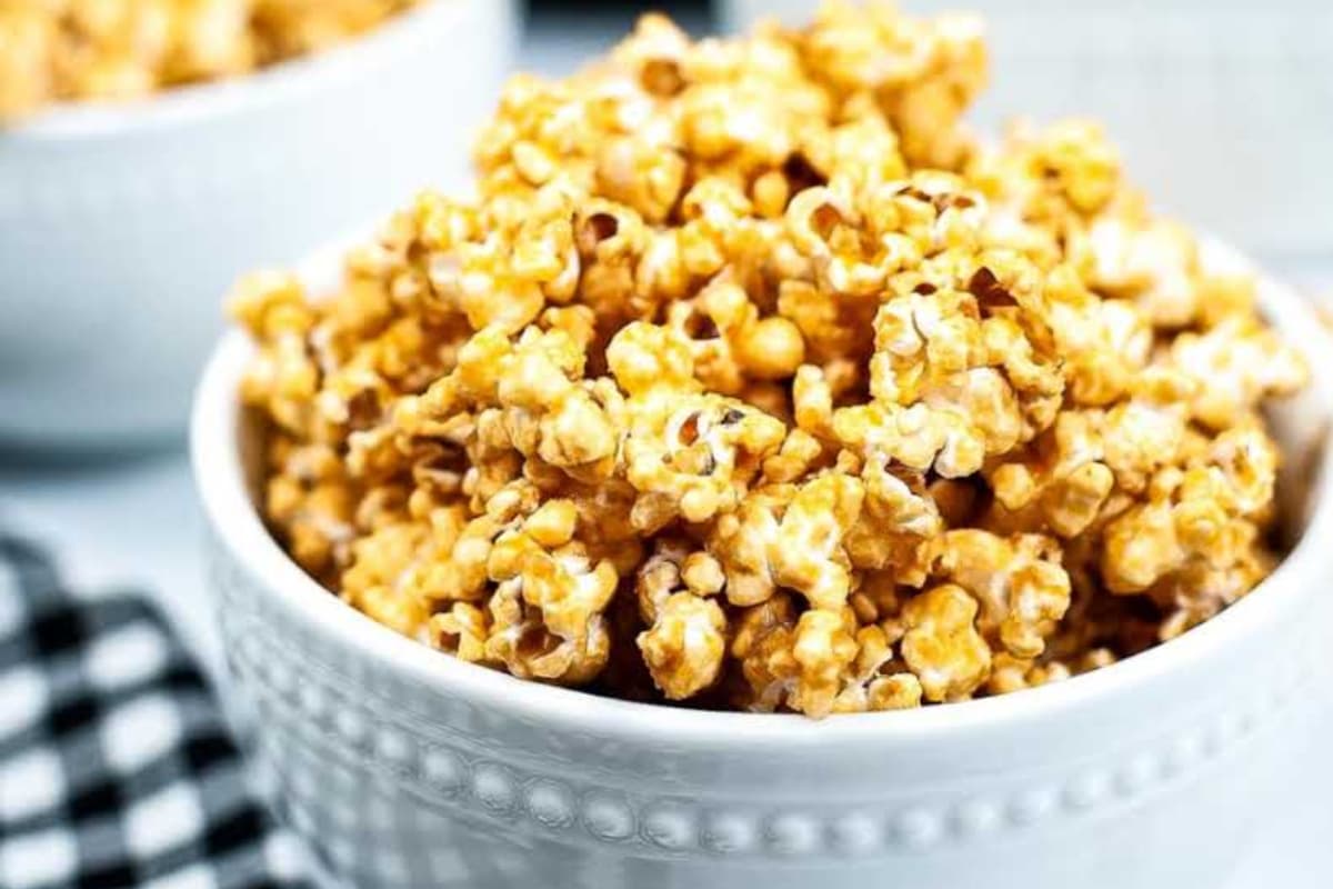 A bowl of Homemade Caramel Popcorn.