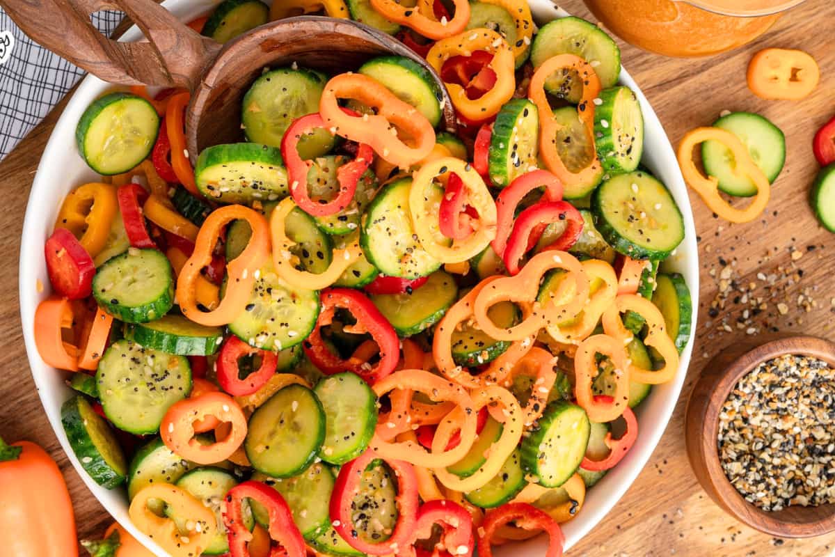 A bowl of 15-Minute Cucumber Bell Pepper Salad.