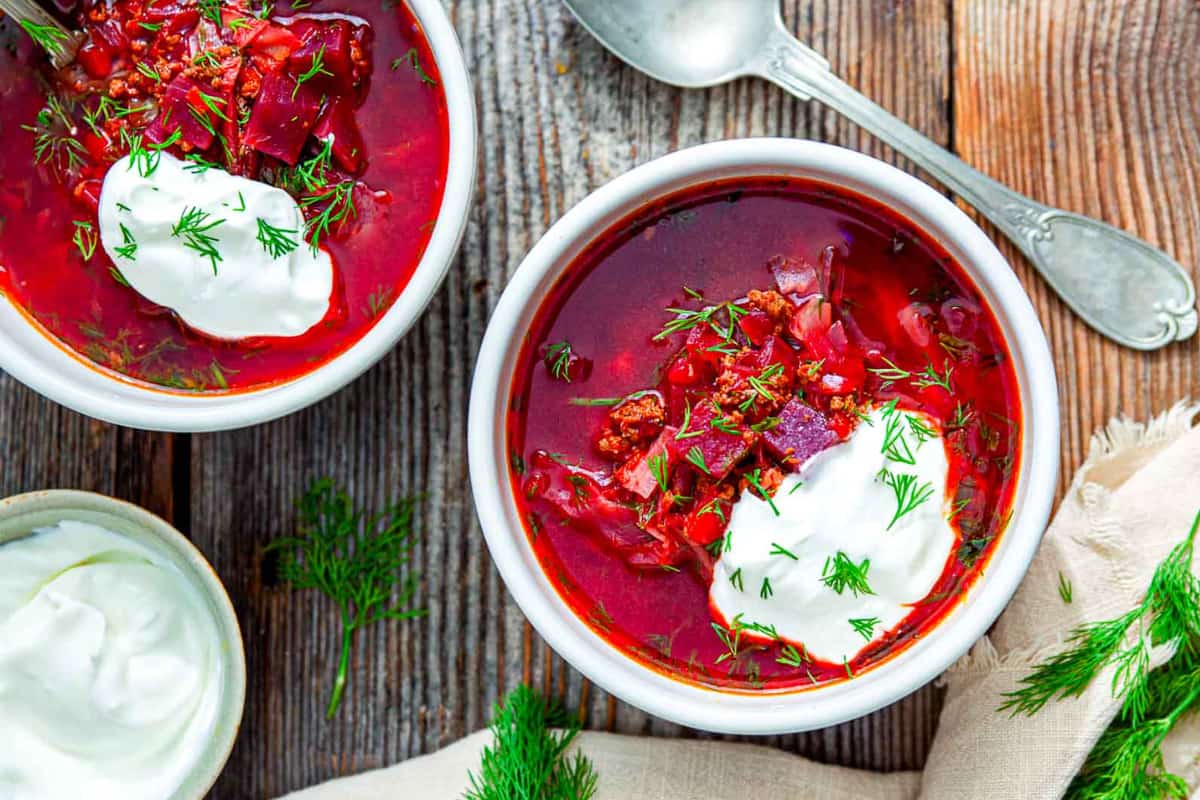 A bowl of Borscht Soup with Dill.