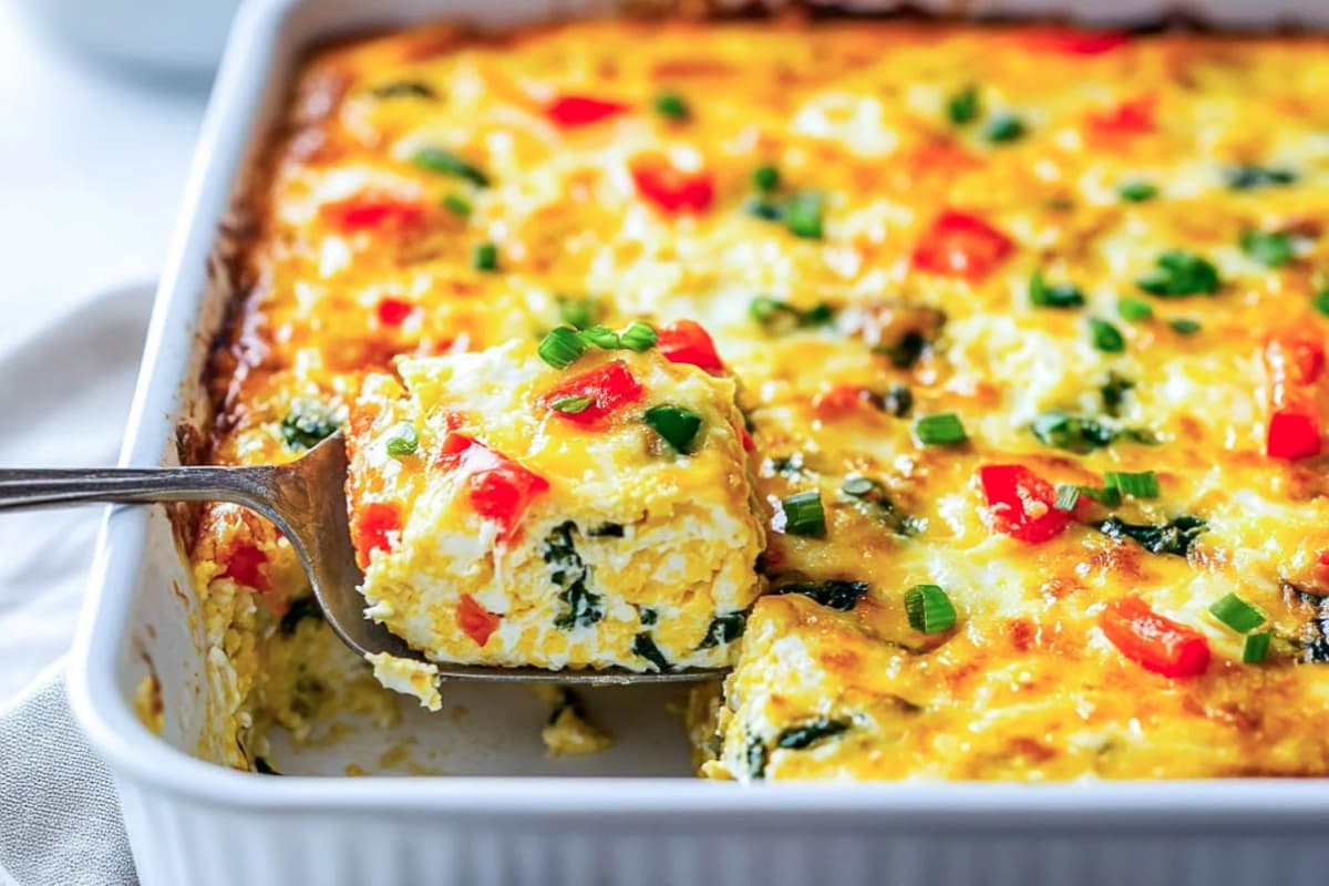 A dish of High Protein Cottage Cheese Egg Casserole.