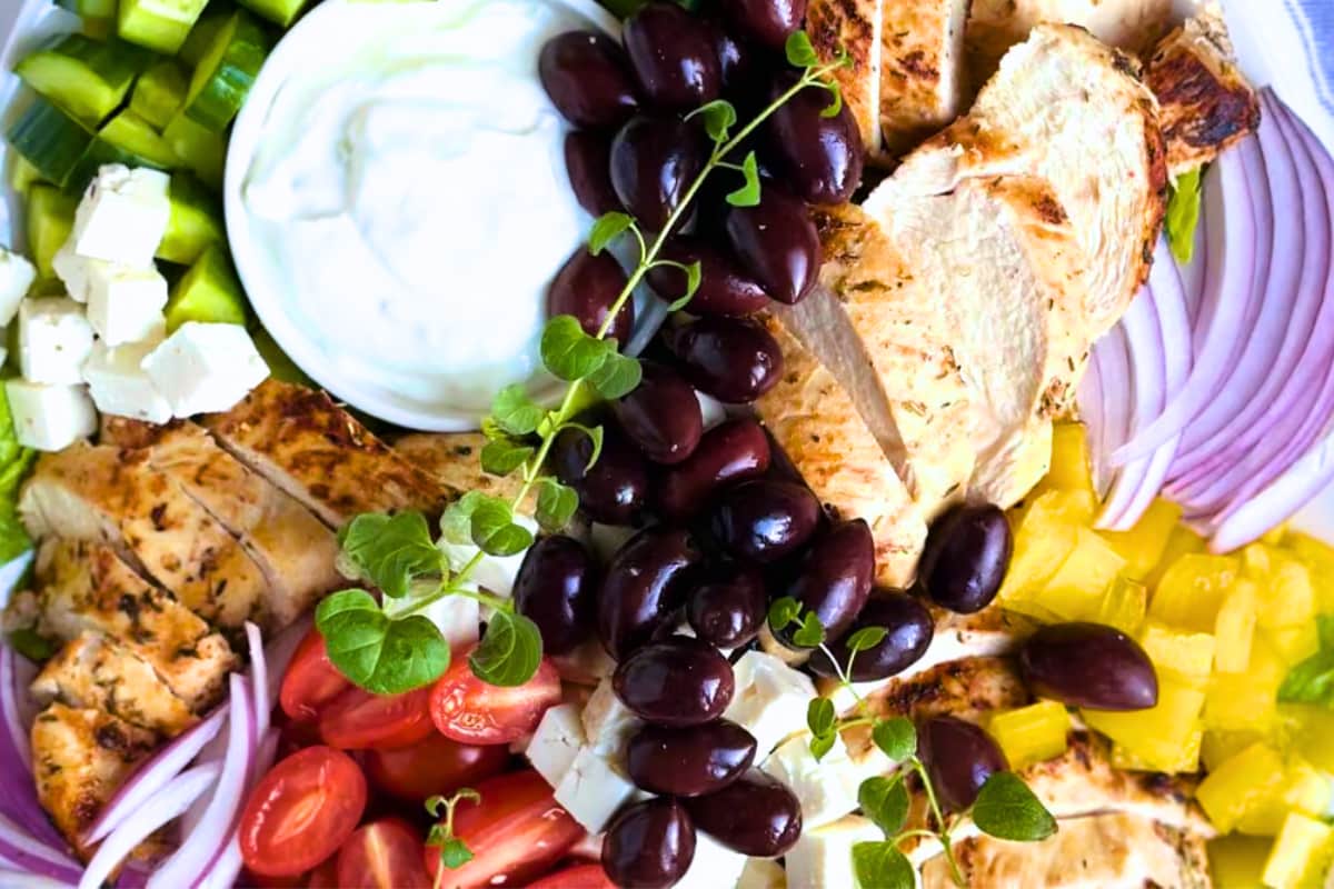 A dish of Grilled Chicken Souvlaki Salad.