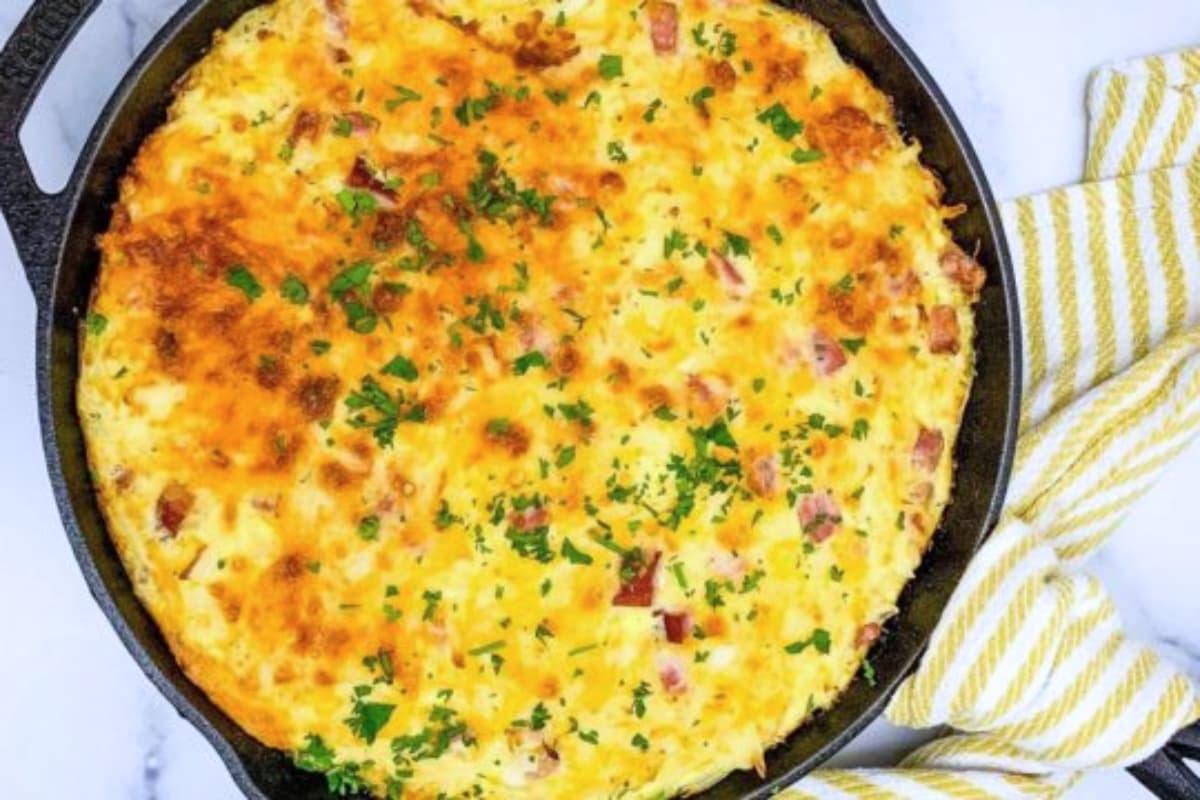 A dish of Ham Egg Bake with Hash Browns.