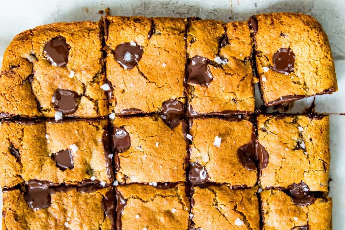 A plate of Paleo Chocolate Chip Cookie Bars.