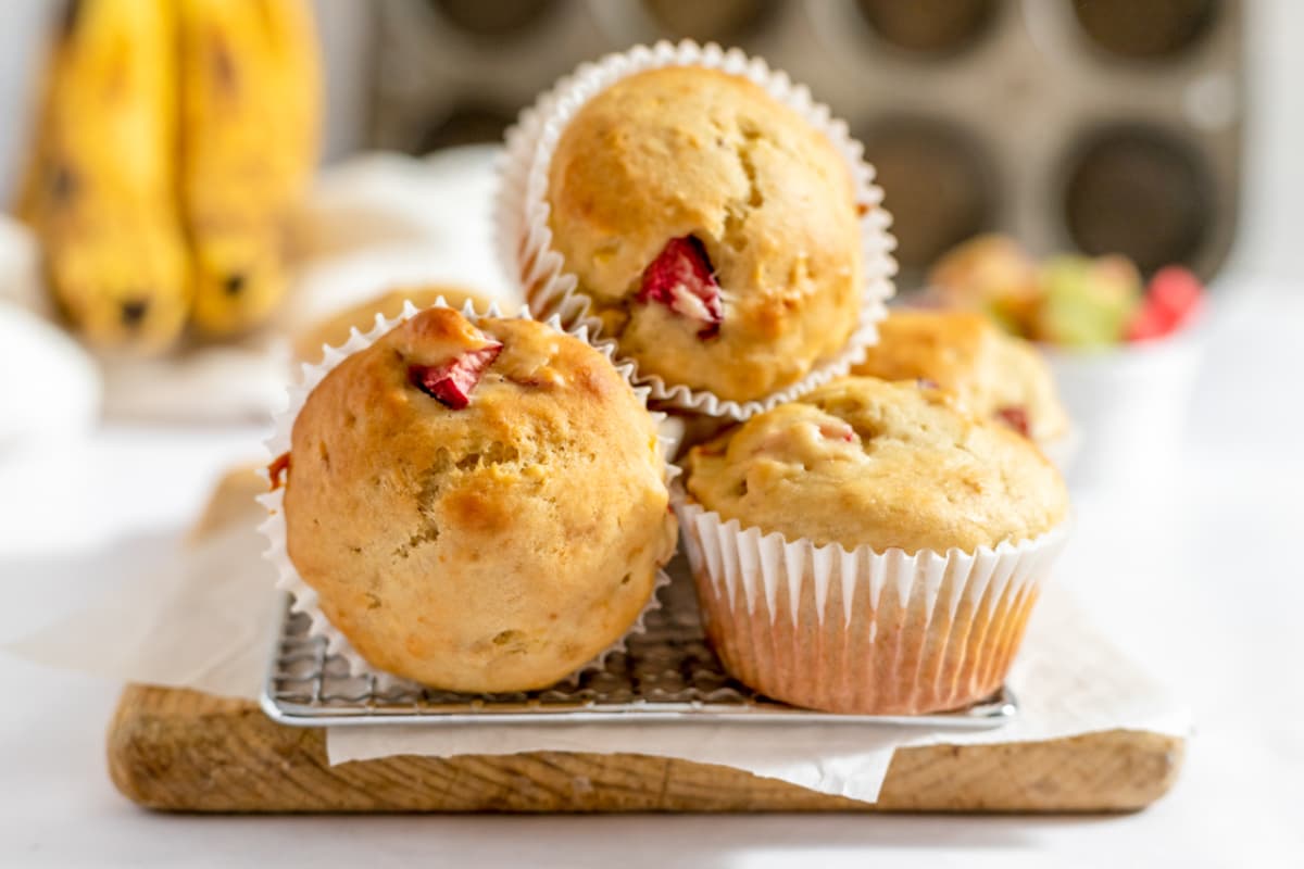 A plate of Healthy Banana Rhubarb Muffins.