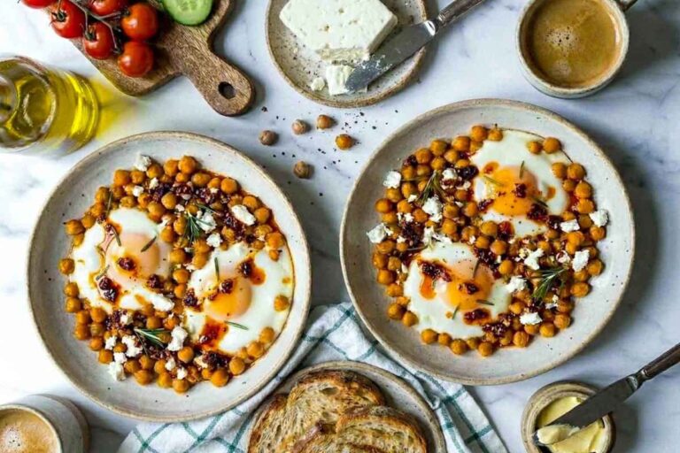Plates of Crispy Chickpea Fried Eggs.
