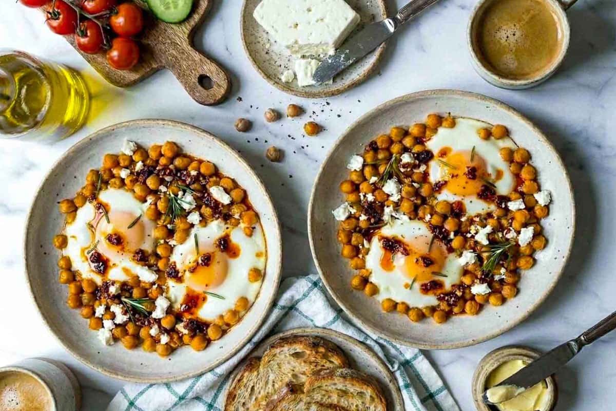 Plates of Crispy Chickpea Fried Eggs.