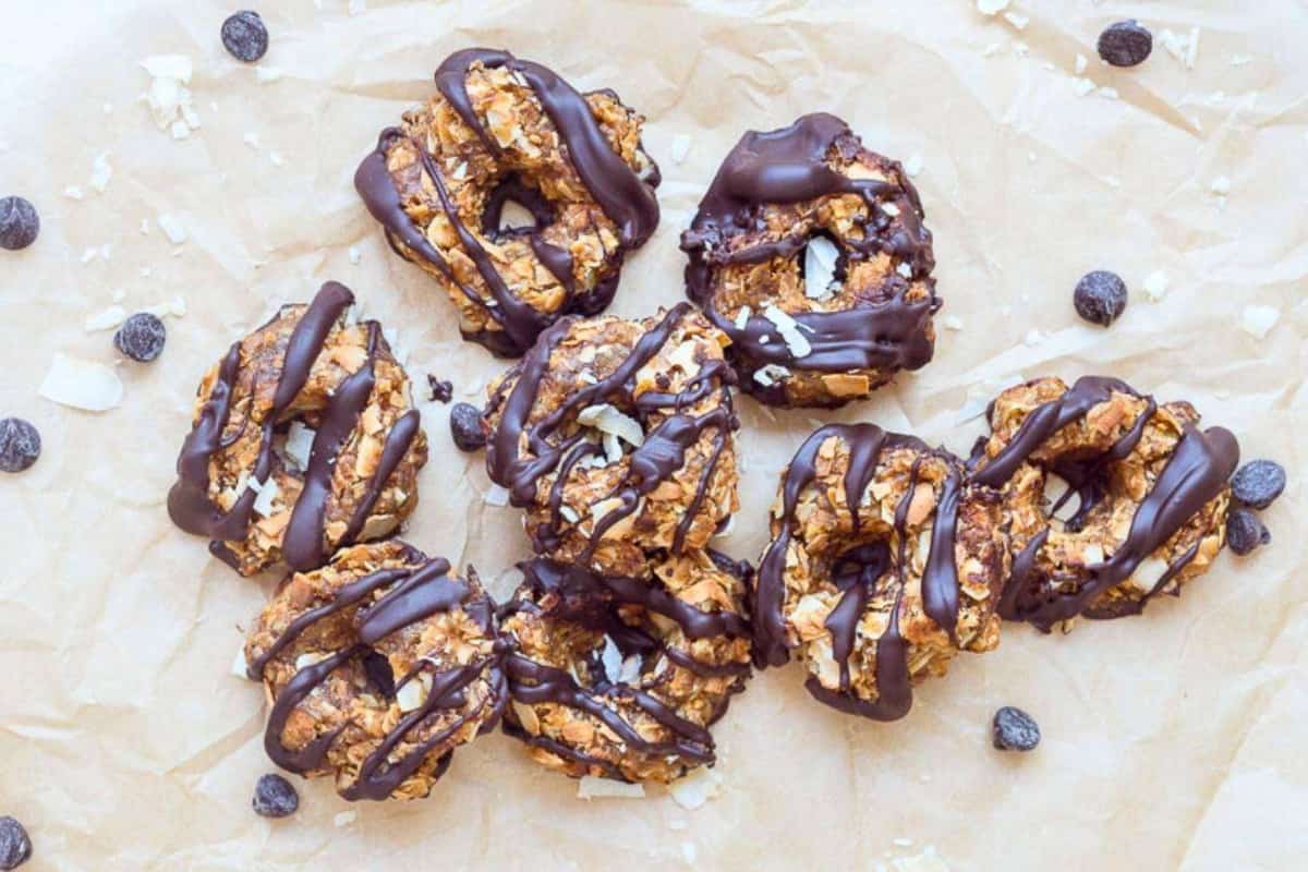 A plate of Healthy No-Bake Samoa Cookies.