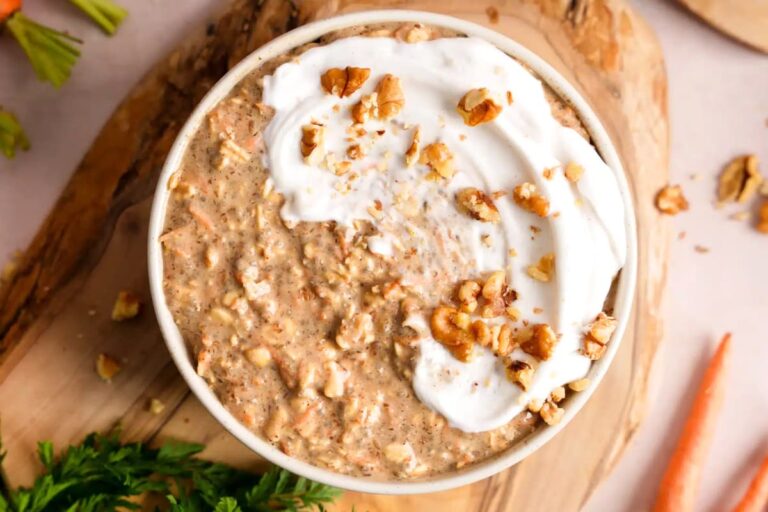 A bowl of Vanilla Protein Carrot Cake Overnight Oats.