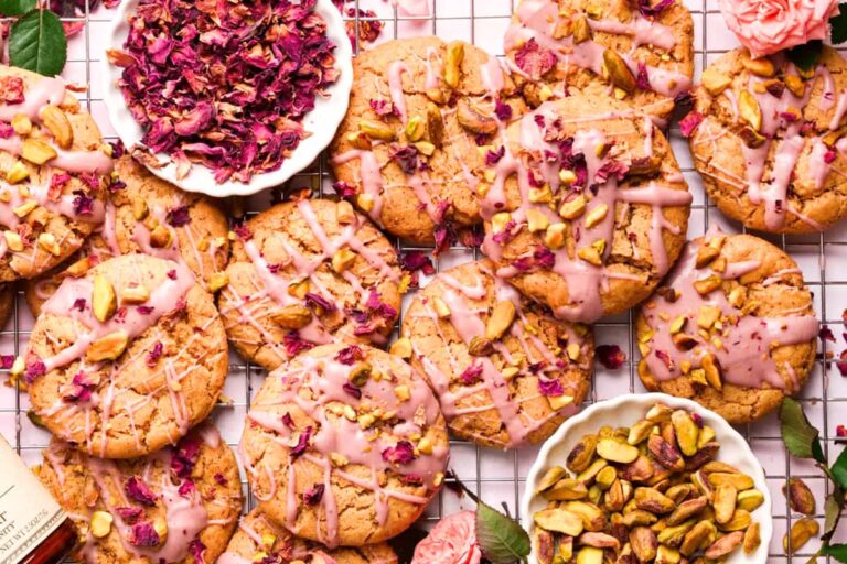 A plate of Healthy Pistachio Rose Cookies.