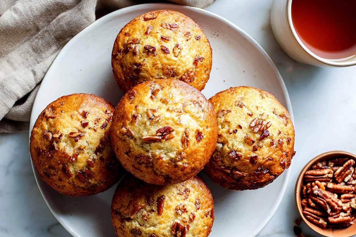 A plate of Maple Pecan Cottage Cheese Muffins.