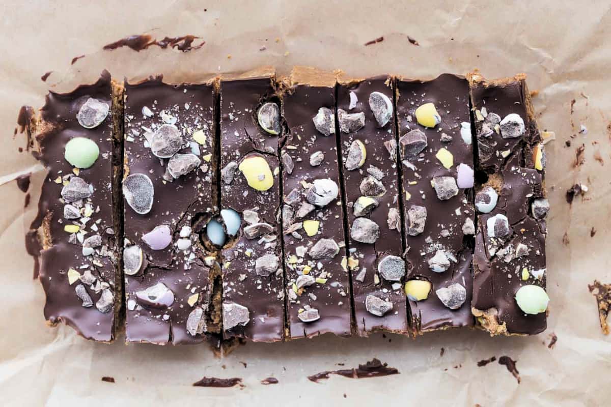 A dish of Mini Egg Cookie Dough Protein Bars.