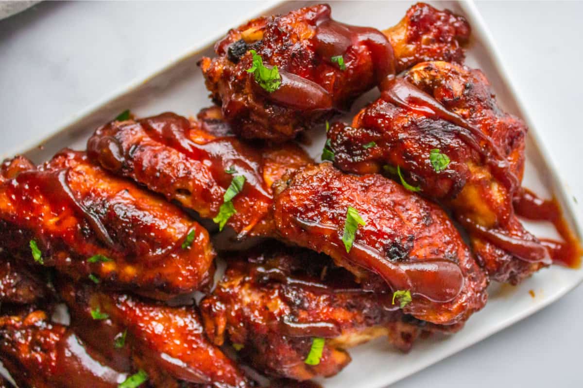 A dish of Instant Pot BBQ Chicken Wings.