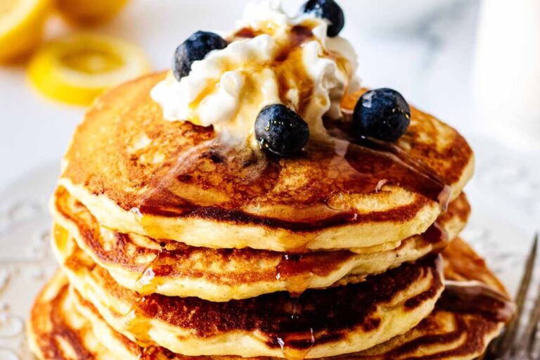 A plate of Lemon Blueberry Pancakes.
