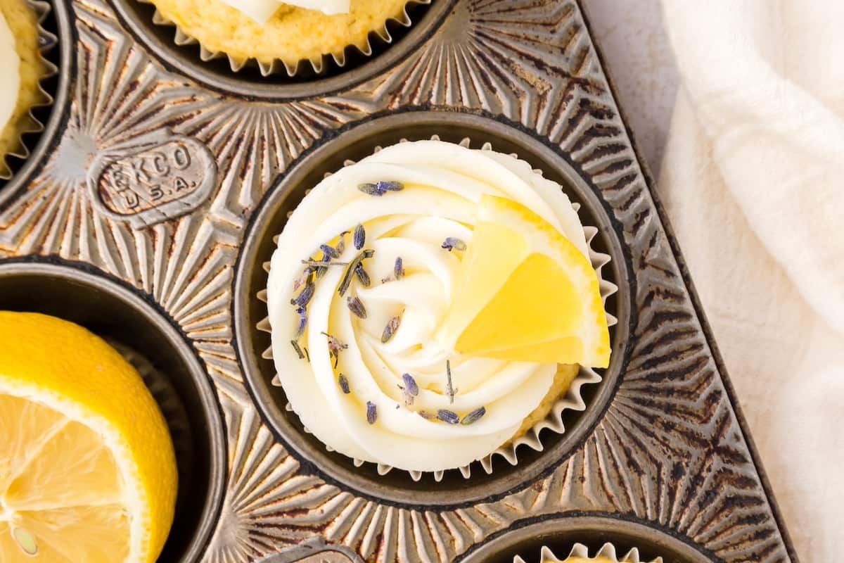 A tray of Lemon Lavender Cupcakes.