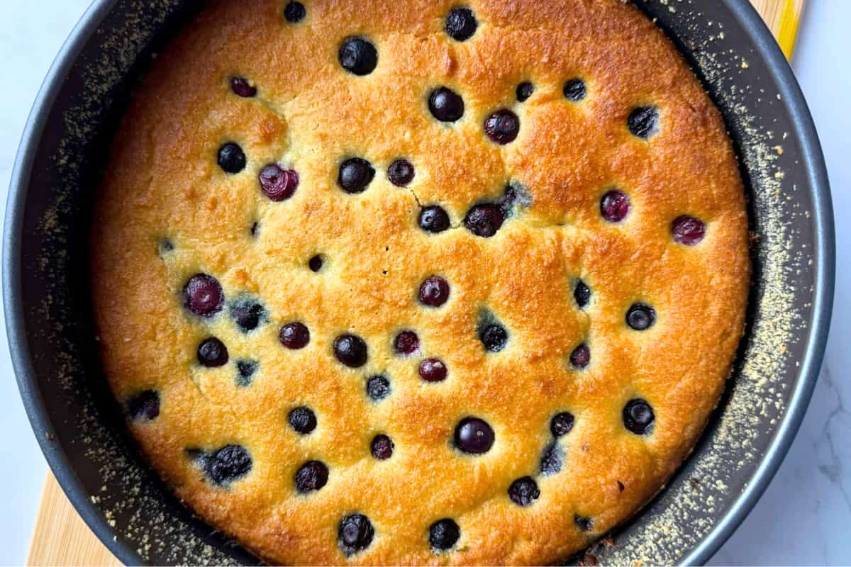 A dish of Low Carb Ricotta Blueberry Cake.