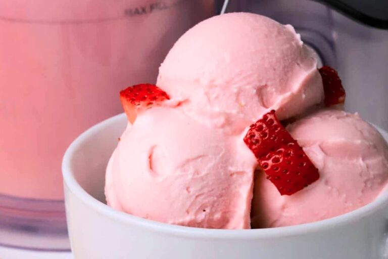 A bowl of Low Carb Strawberry Cottage Cheese Ice Cream.