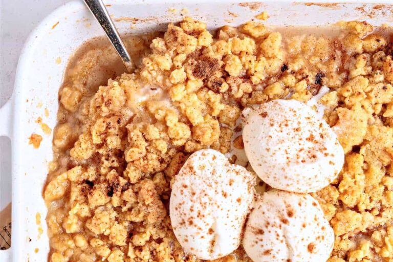 A dish of Easy Pear Crumble with Quick Topping.