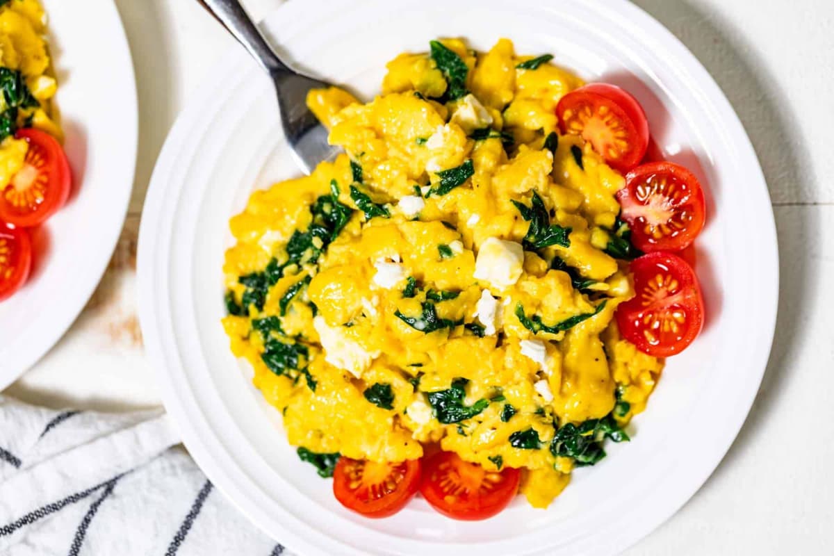 A plate of Spinach Scrambled Eggs.