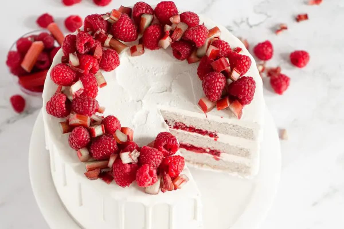 A plate of Gluten-Free Raspberry Rhubarb Cake.