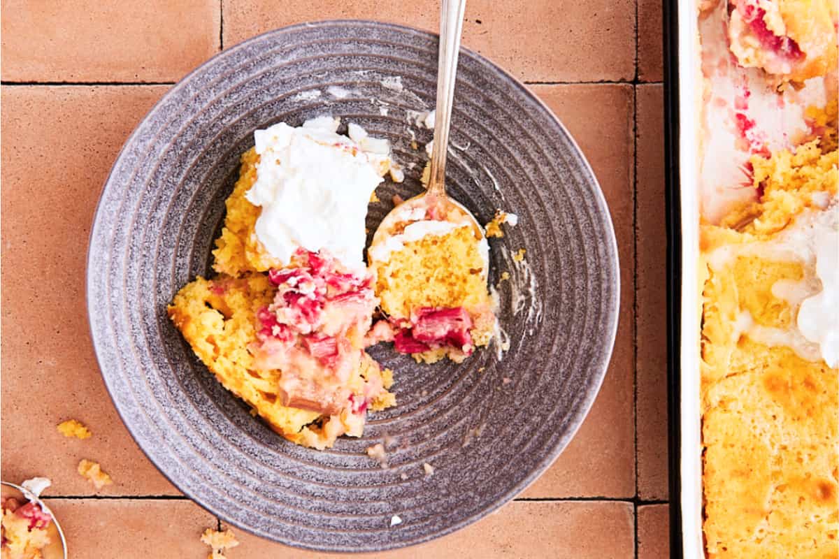 A plate of Rhubarb Cake.