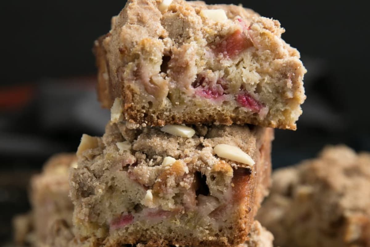 A plate of Rhubarb Coffee Cake.